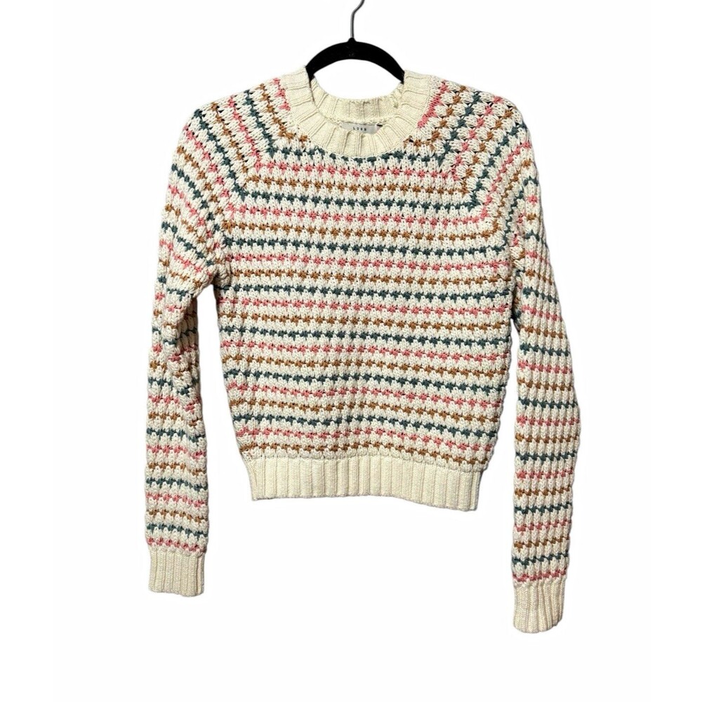 Lush Striped Textured Knit Sweater XS Ivory Pink Cotton Blend Cottagecore
